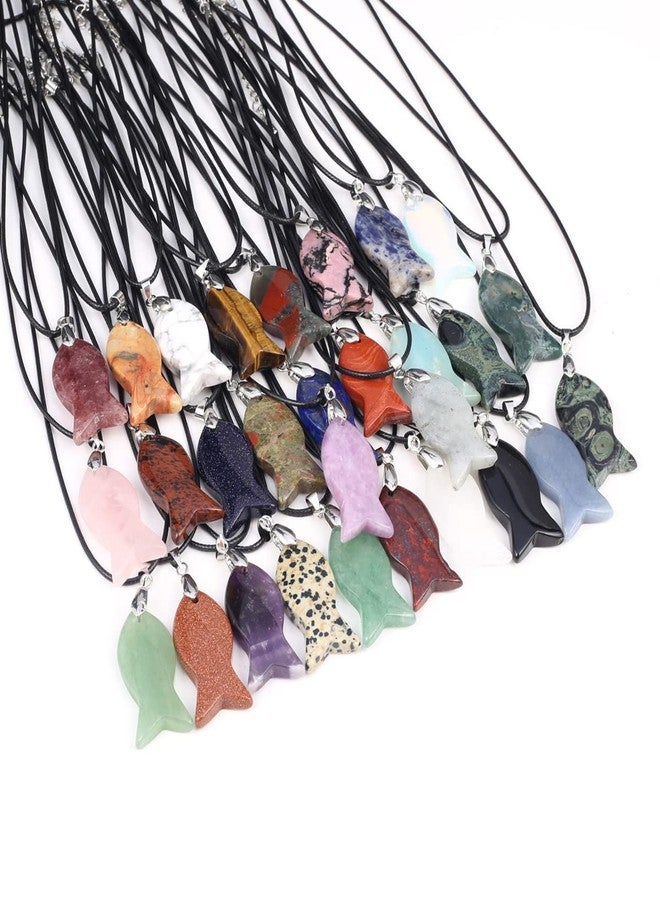 QSLLER 6PCS Handmade Fish-shaped Crystal Pendant Necklace Natural Stone Tiger Eye Amethyst Charms Leather Cord Necklaces Choker Jewelry - Image 1